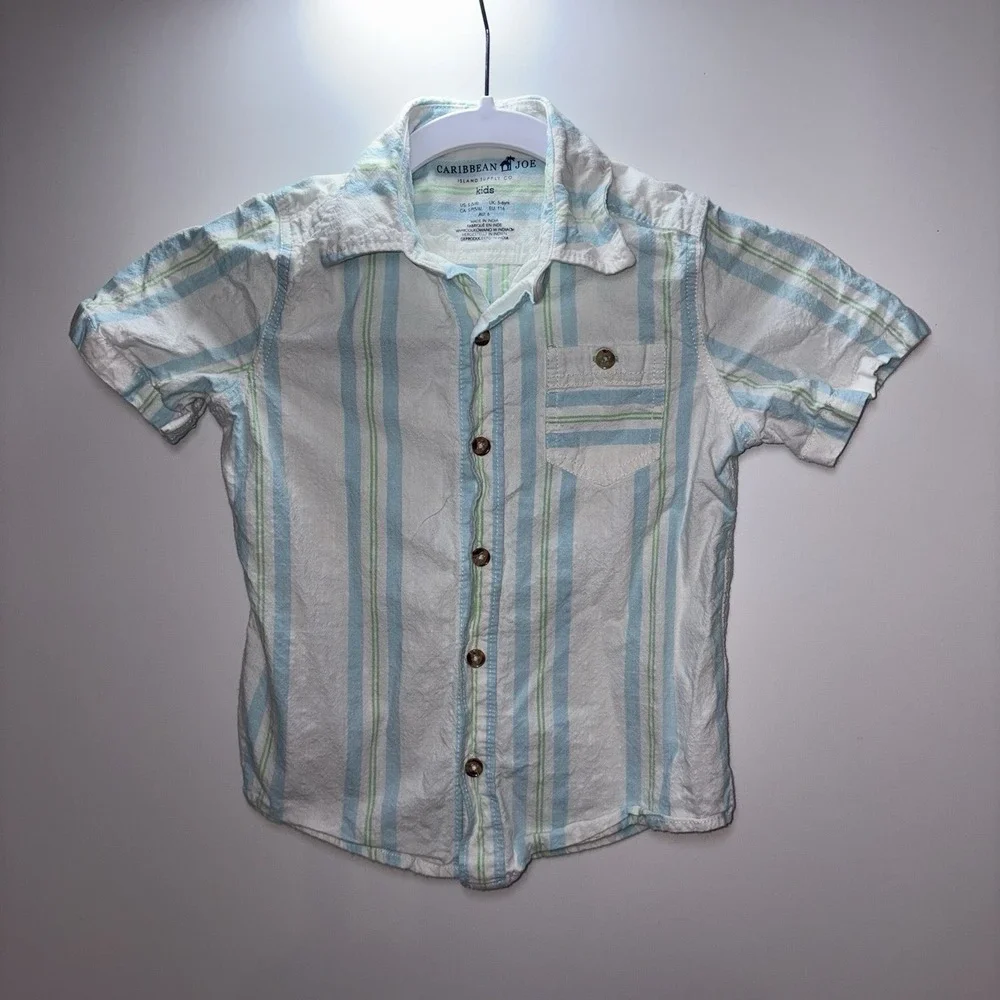 Caribbean‎ Joe Kids Short Sleeve Button Up Striped Shirt Boys Size S (5-6) Beach